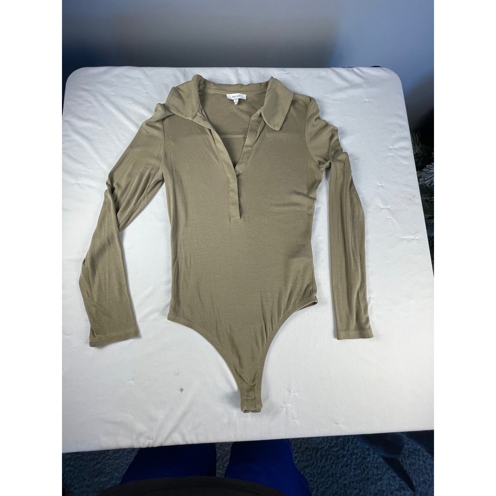 Reiss Olive Green Ribbed Long Sleeve Polo Bodysuit Medium V Neck